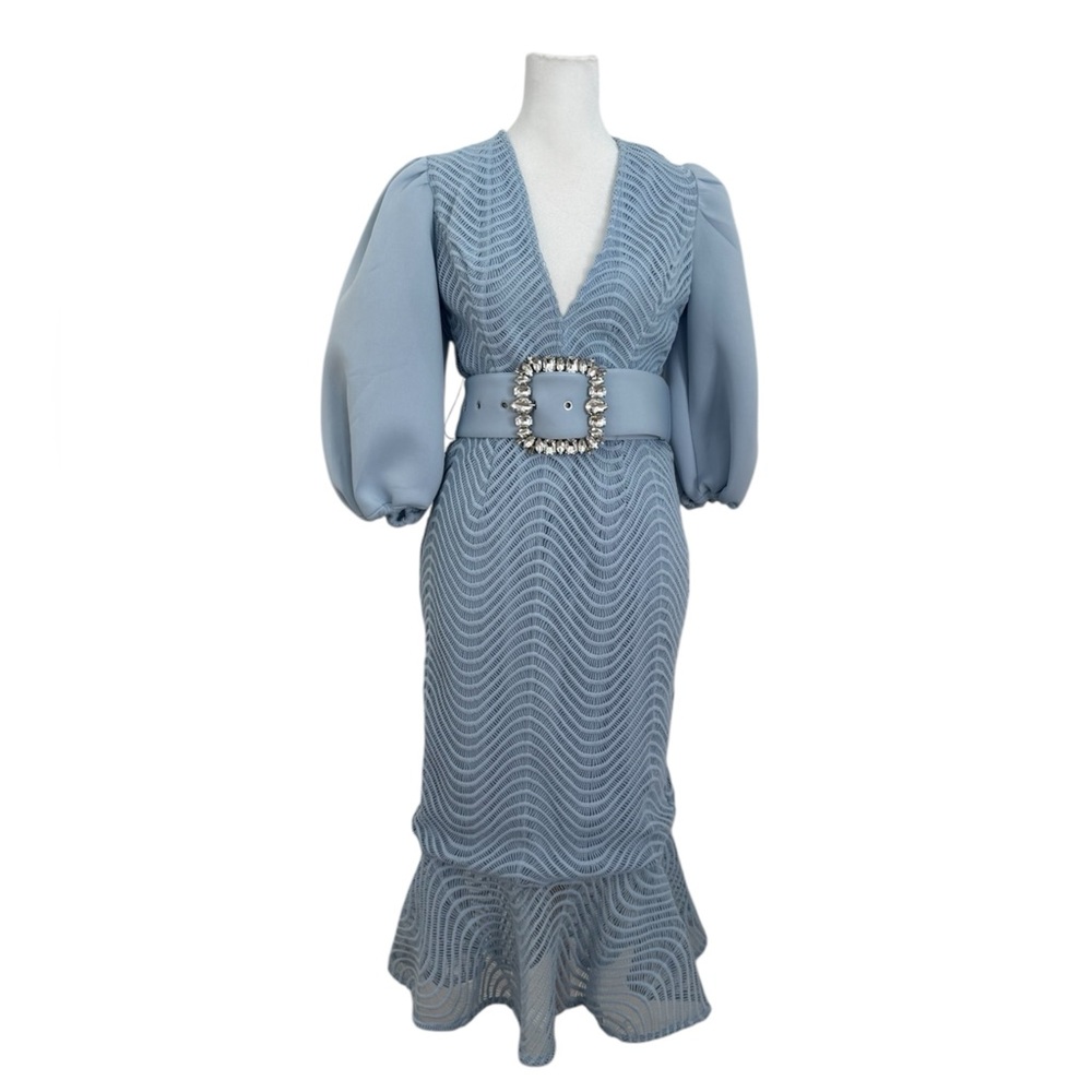 ASOS design Powder Blue lace Midi Dress with Jewel Belt puff sleeve open back